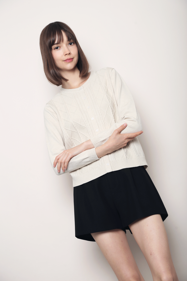 Pointelle Cable Knit Cardigan Cream