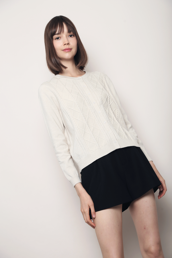 Pointelle Cable Knit Cardigan Cream