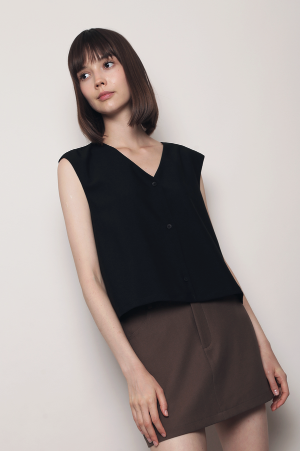 Prima Button Down Vest Top Black