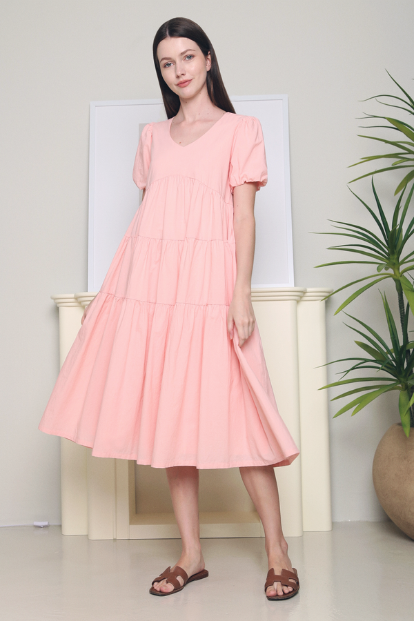 Rashy Tiered Midi Dress Pink