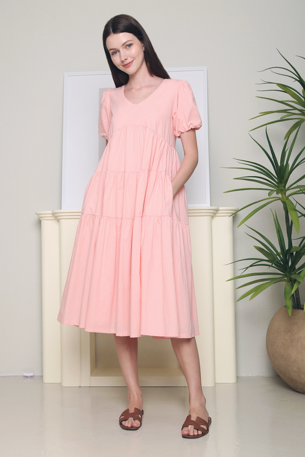 Rashy Tiered Midi Dress Pink