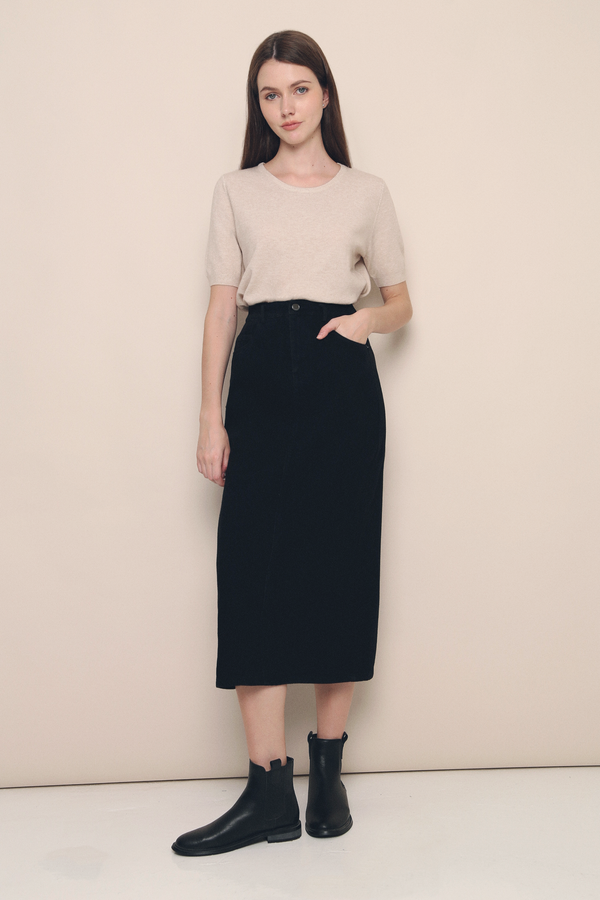 Shelby Black Denim Midi Skirt