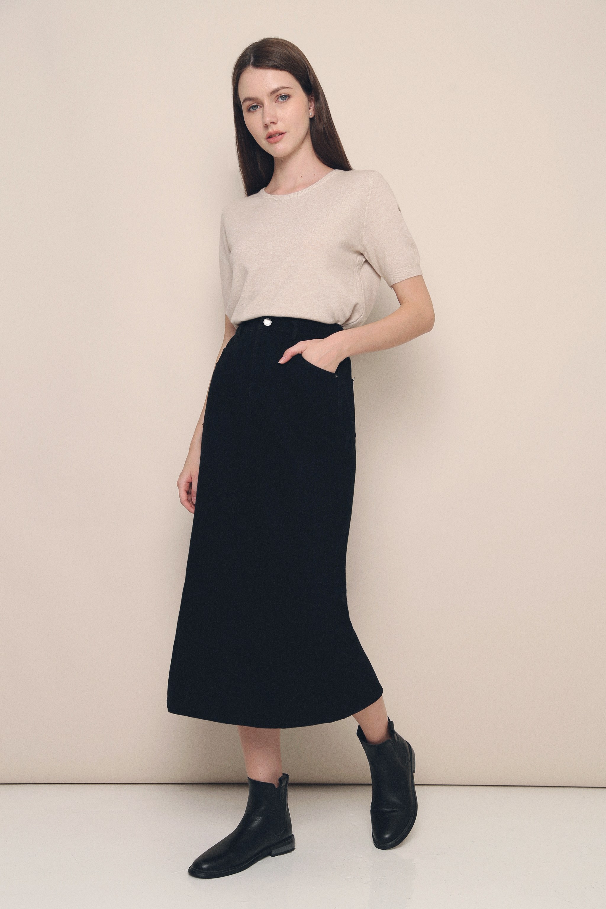 Shelby Black Denim Midi Skirt