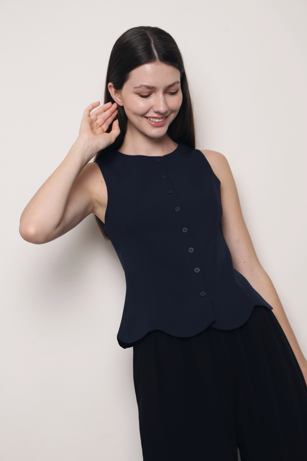 Sicily Scallop Trim Vest Top Navy (Restock)