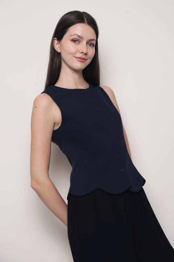 Sicily Scallop Trim Vest Top Navy (Restock)