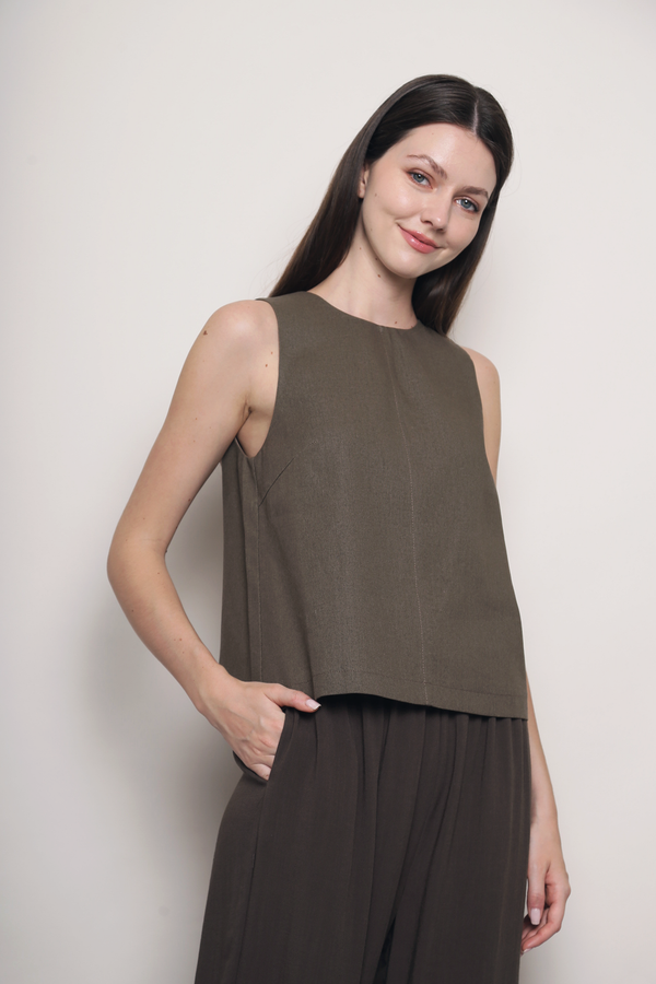 Soft Focus Sleeveless Linen Top Brown