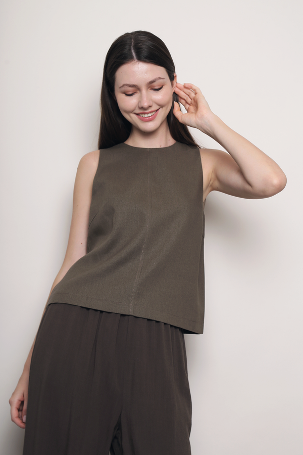 Soft Focus Sleeveless Linen Top Brown