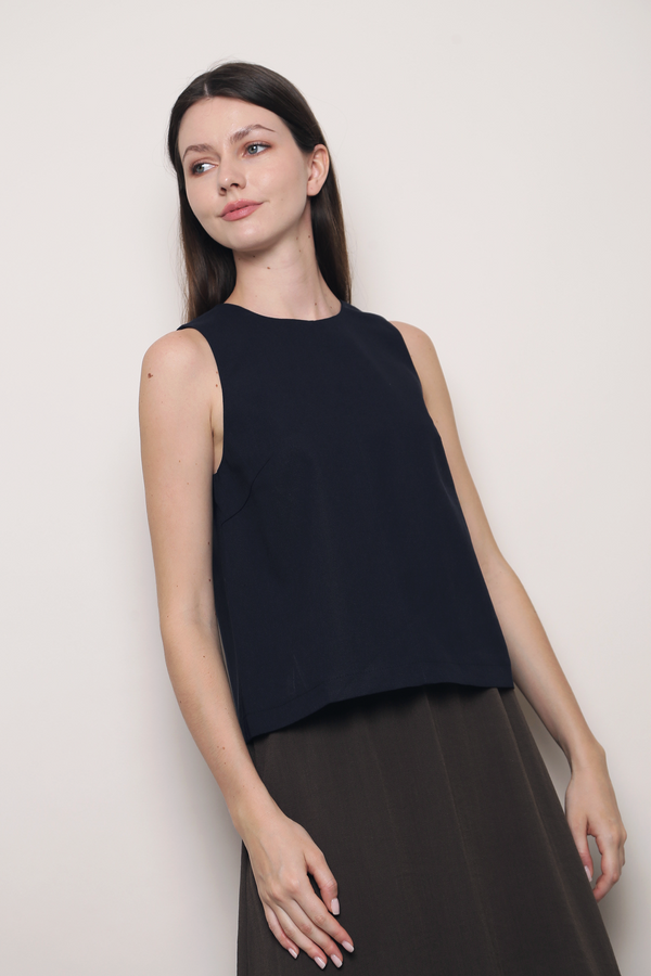 Soft Focus Sleeveless Linen Top Navy
