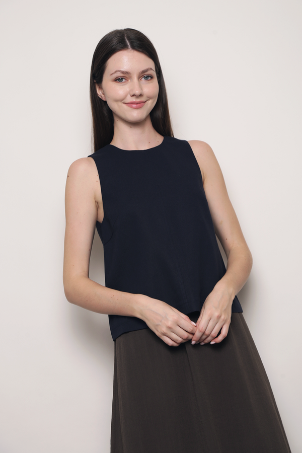 Soft Focus Sleeveless Linen Top Navy