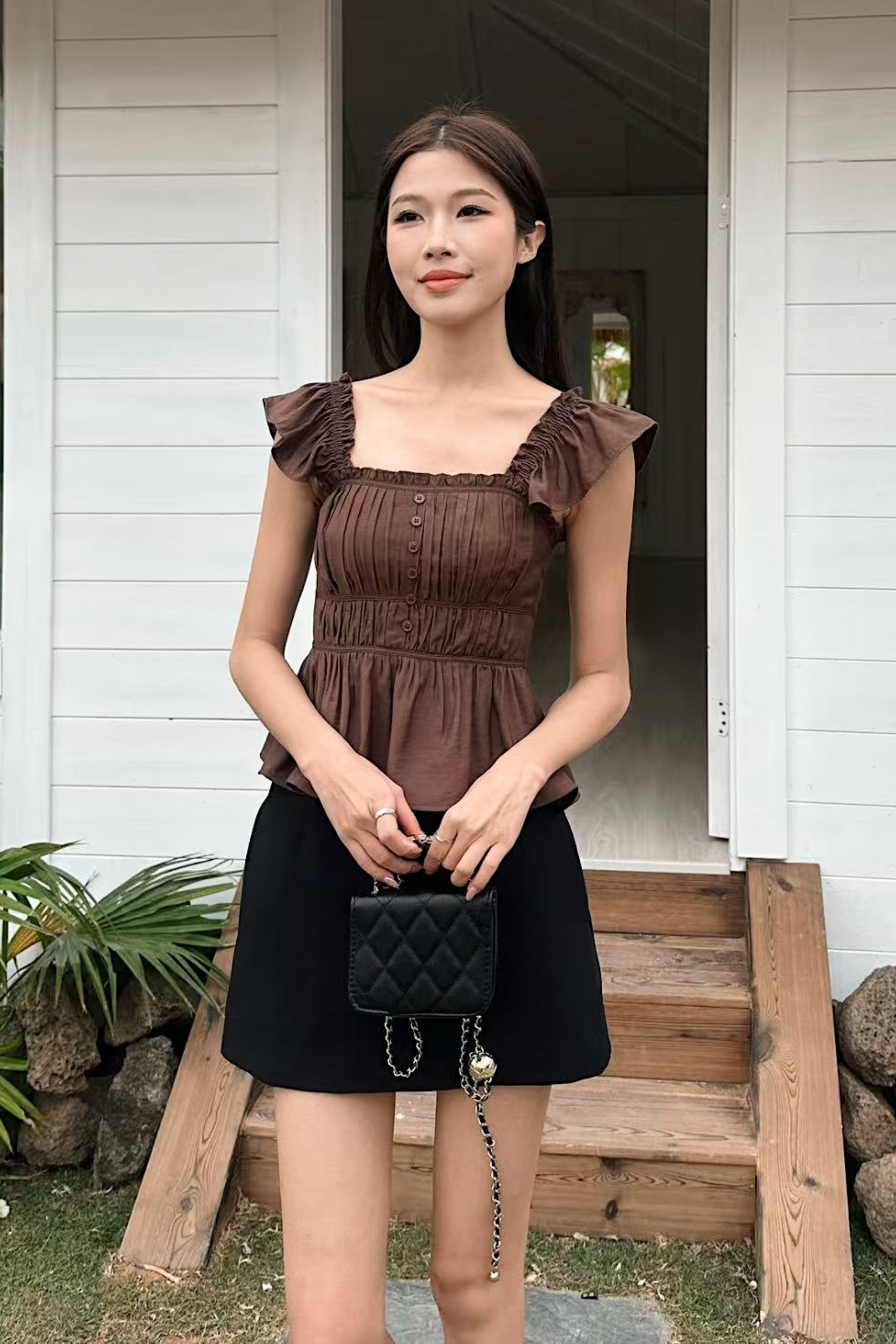 Thira Flutter Pleat Top Brown