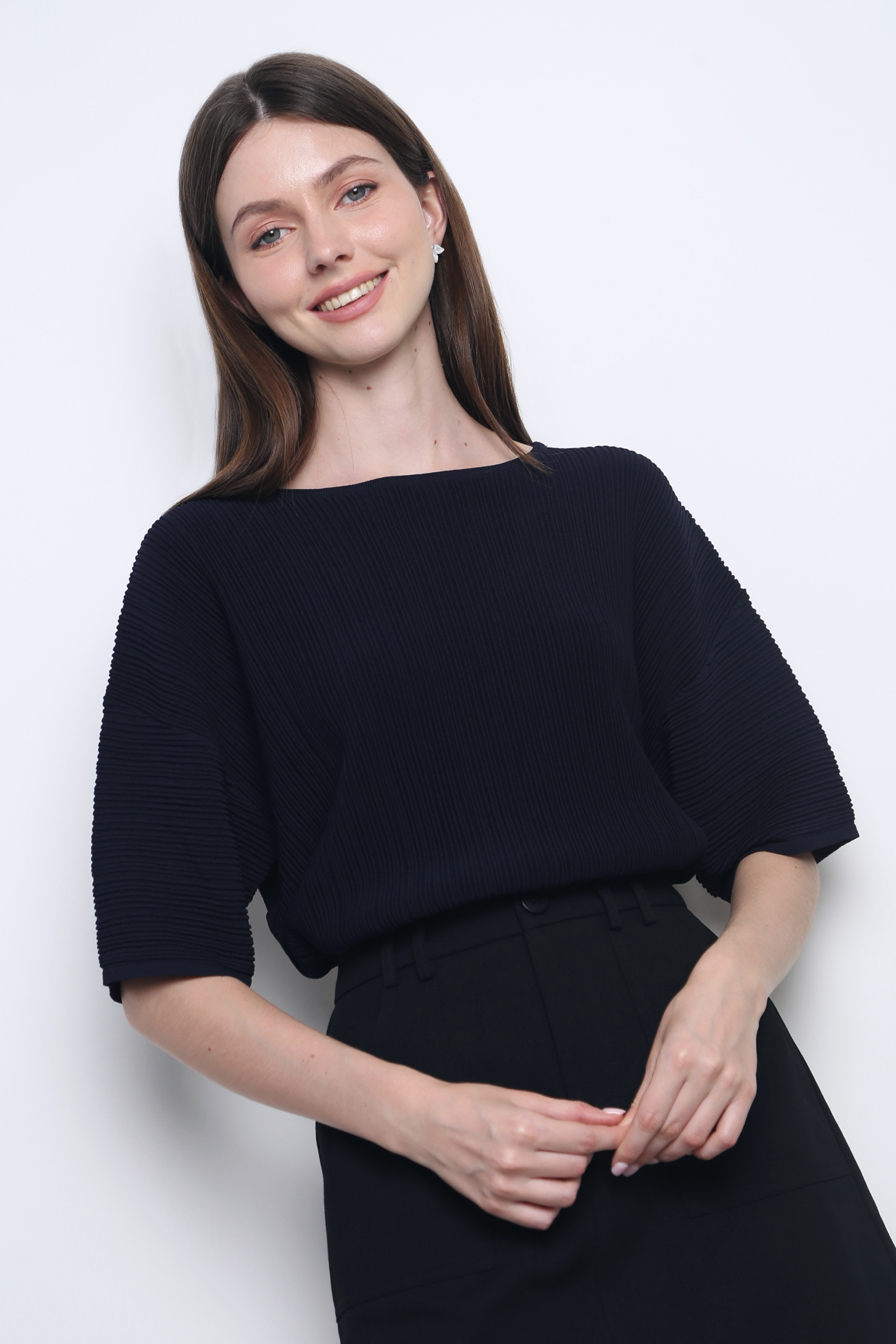 Tosca Micro Pleat Knit Blouse Navy (Restock)