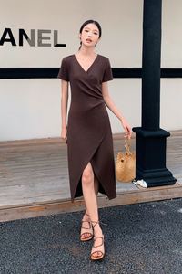 Velveteen Wrap Midi Dress Brown