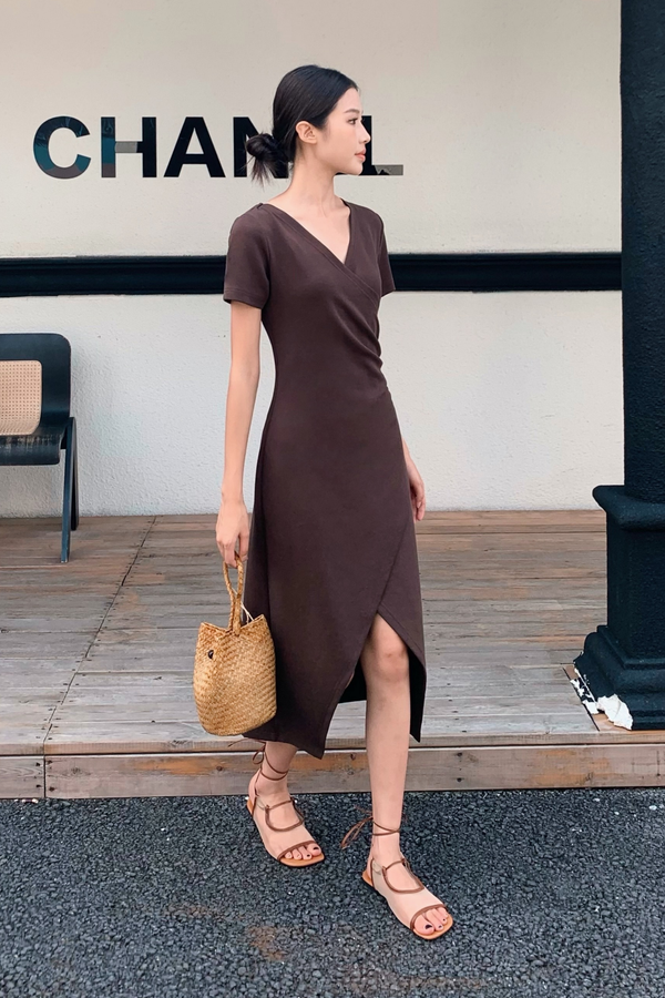 Velveteen Wrap Midi Dress Brown