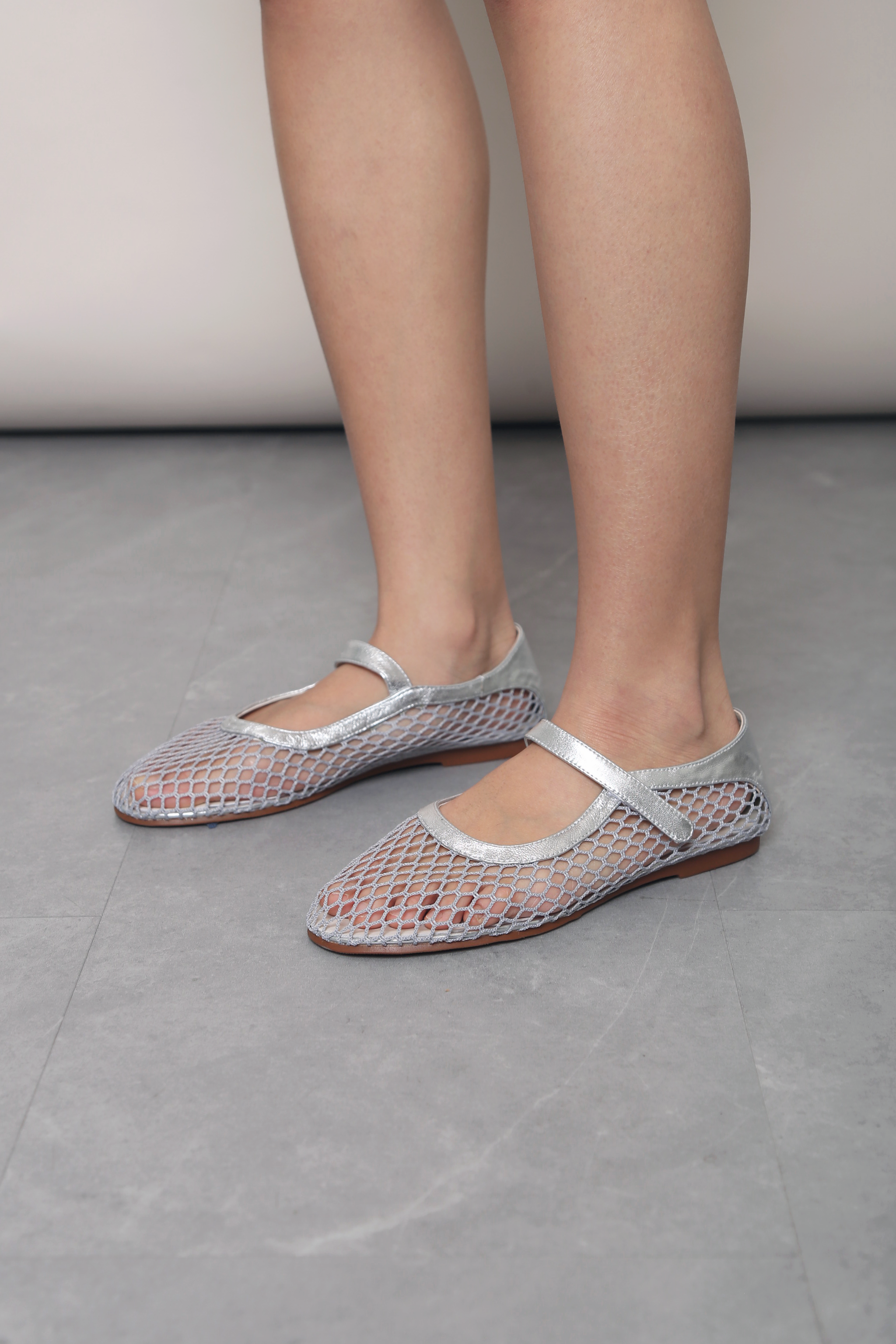 Air Mesh Mary Jane Flats Silver