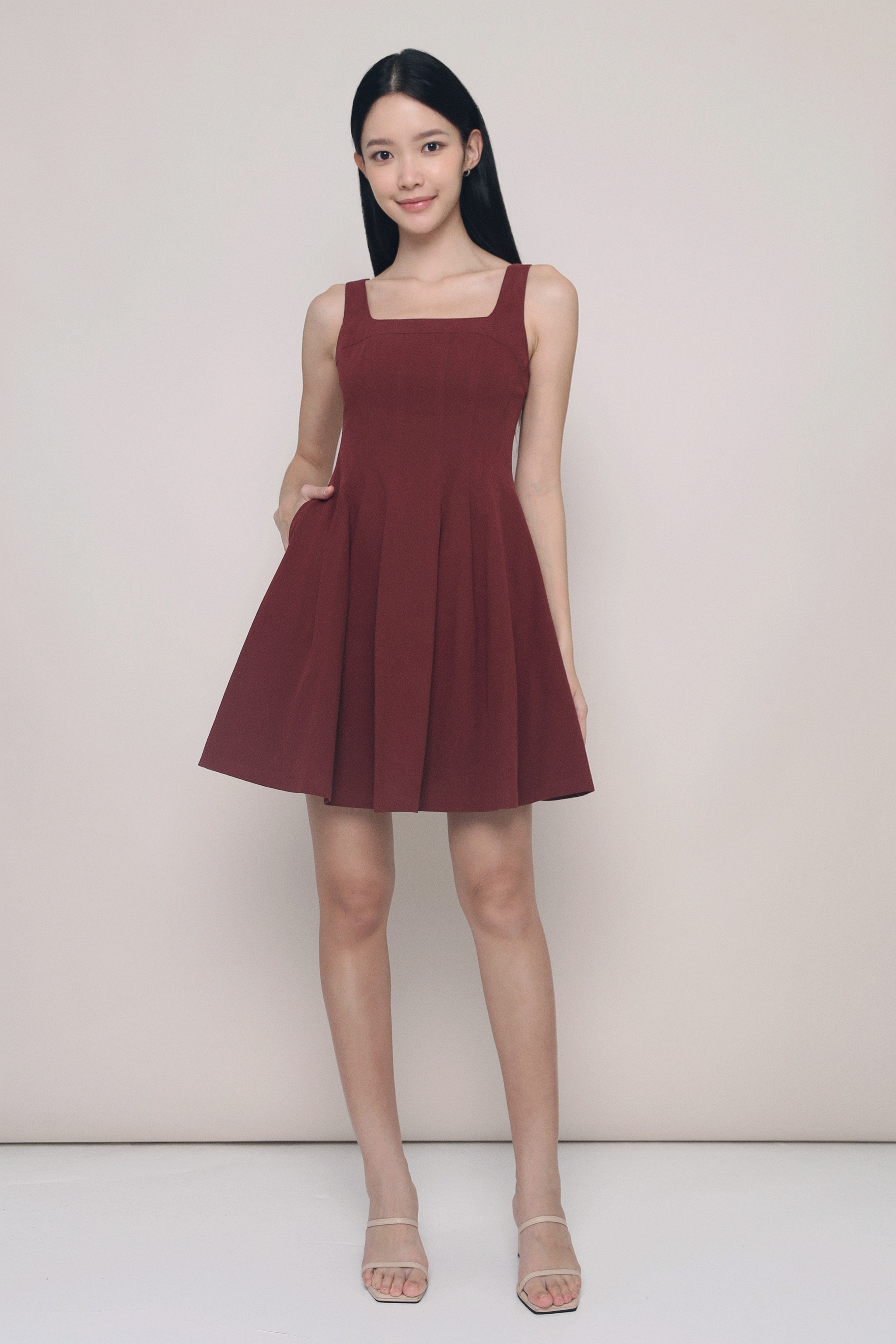 Anais Fit Flare Panel Dress Burgundy