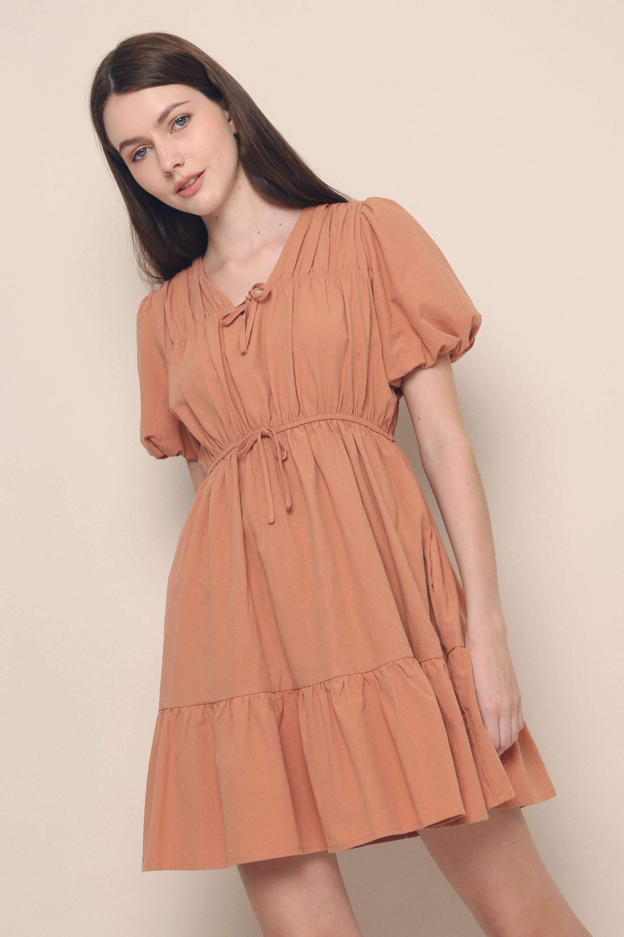 Attica Ruche Ribbon Dress Apricot