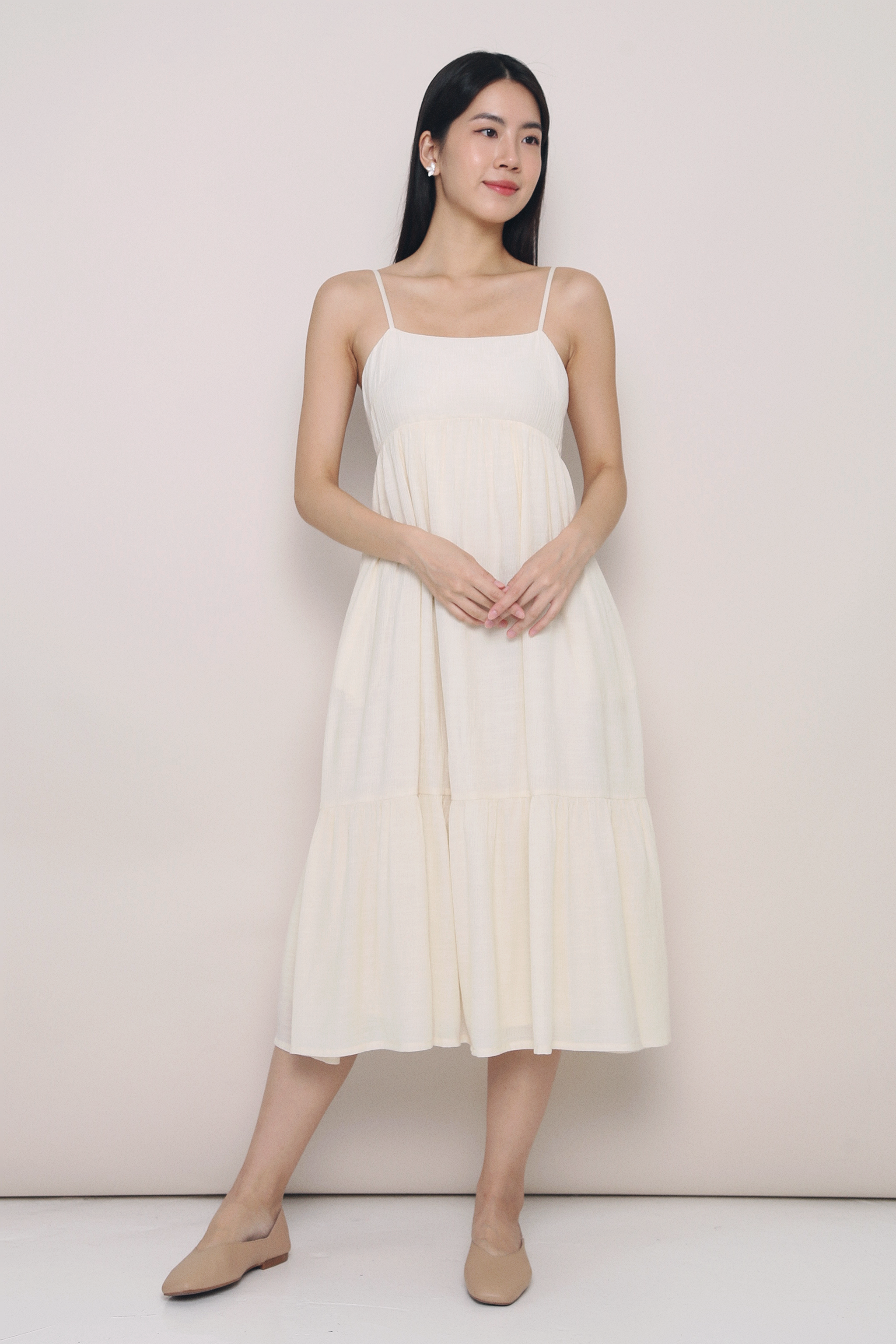 Bethlyn Strappy Tier Midi Dress Vanilla