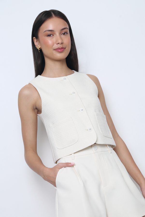 Bijou Tweed Sleeveless Vest Top Ivory (Restock)