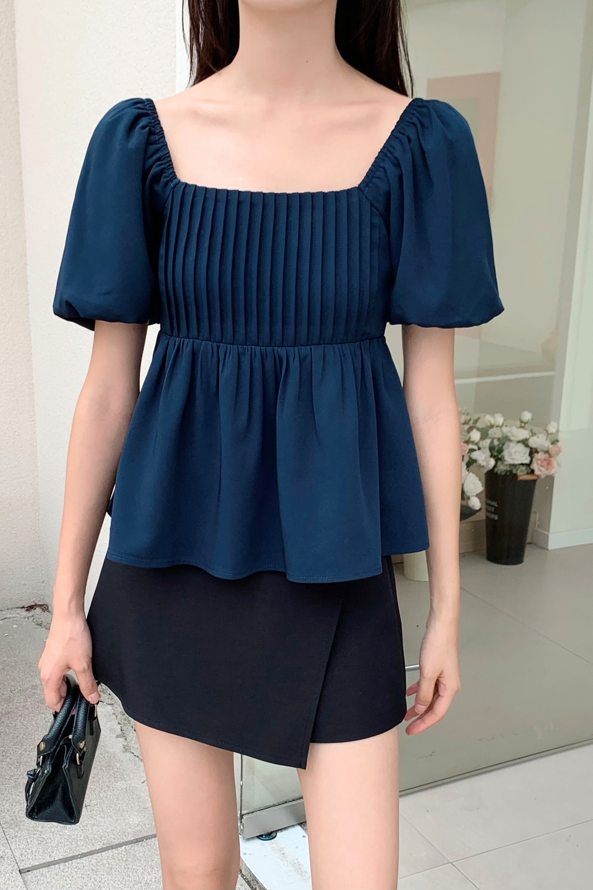 Prim Pleat Babydoll Blouse Navy (Restock)
