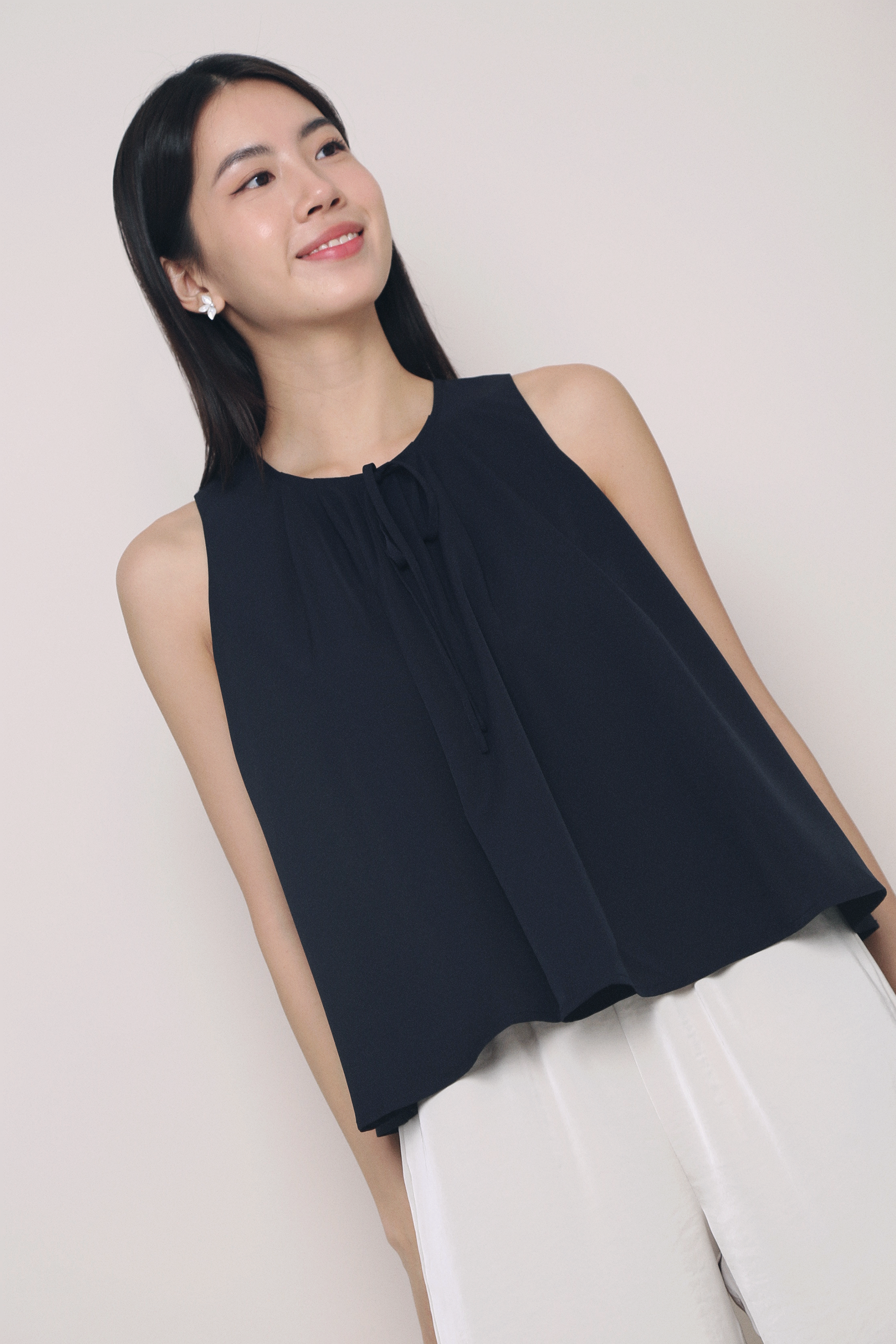 Carla Pleat Sleeveless Blouse Navy