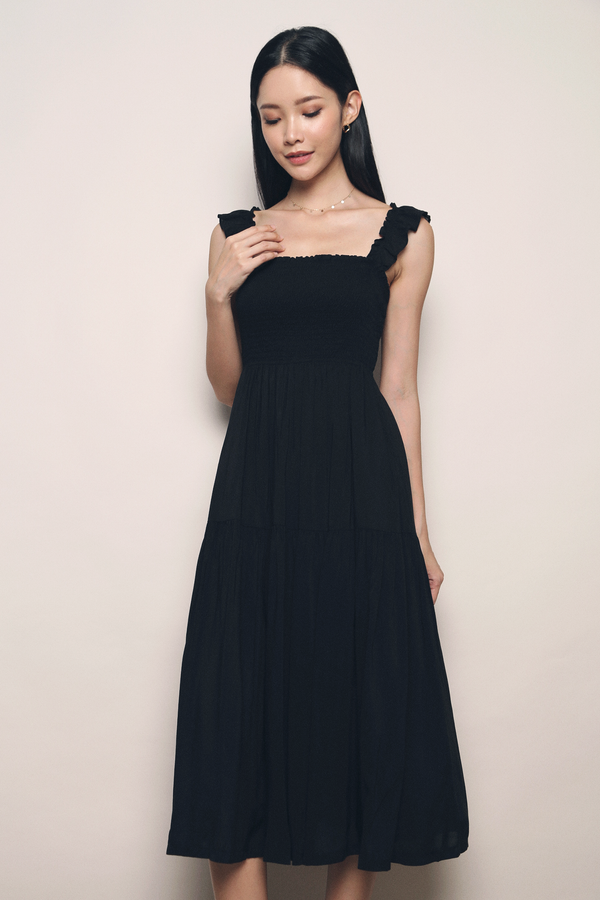 Cathy Flutter Smocked Midi Dress Black