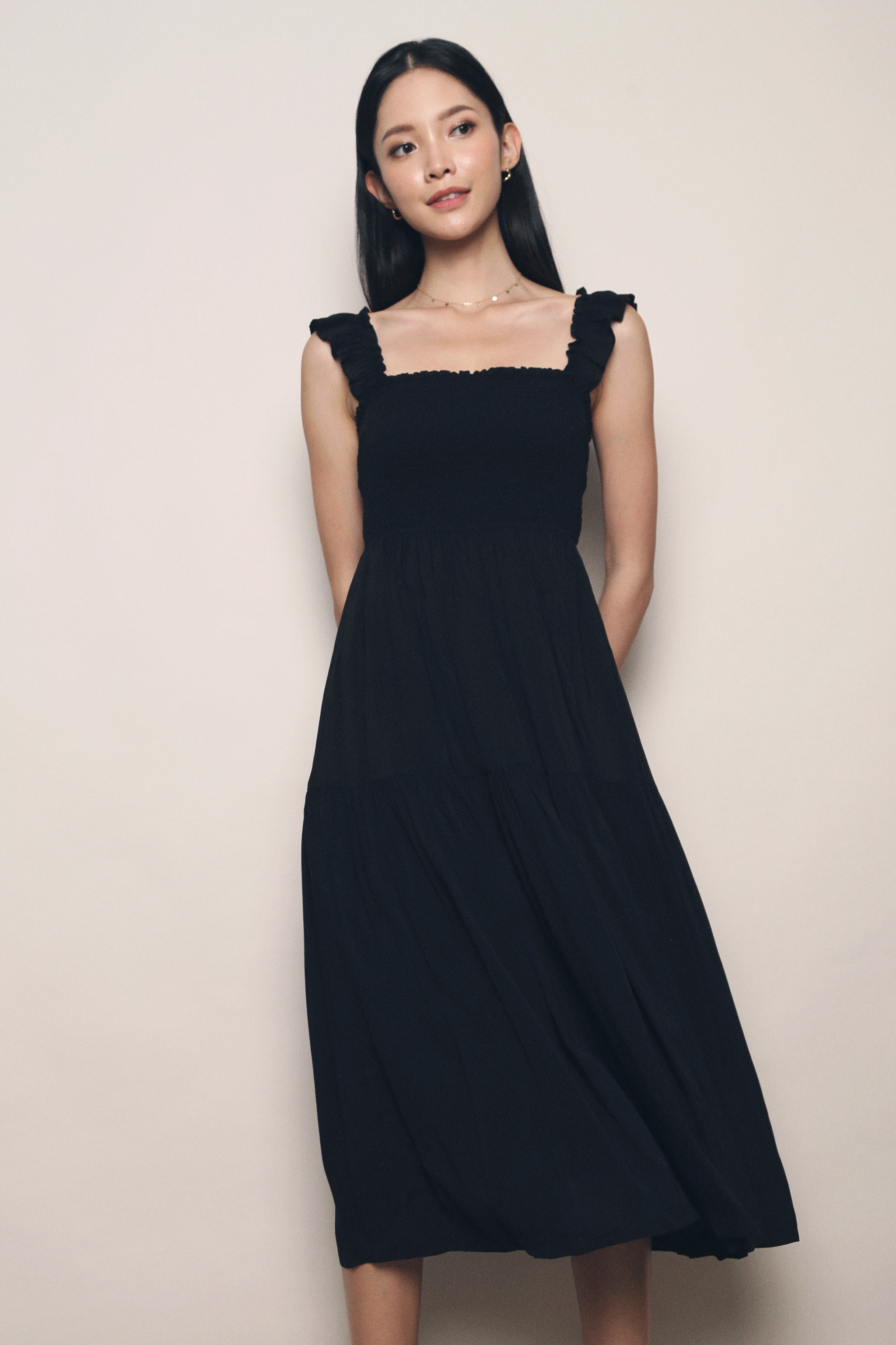 Cathy Flutter Smocked Midi Dress Black