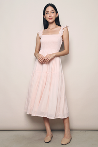 Cathy Flutter Smocked Midi Dress Powder Pink