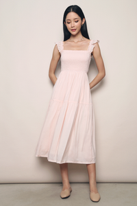 Cathy Flutter Smocked Midi Dress Powder Pink