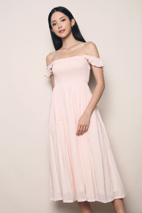 Cathy Flutter Smocked Midi Dress Powder Pink