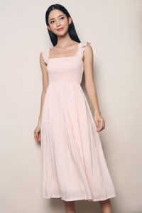 Cathy Flutter Smocked Midi Dress Powder Pink