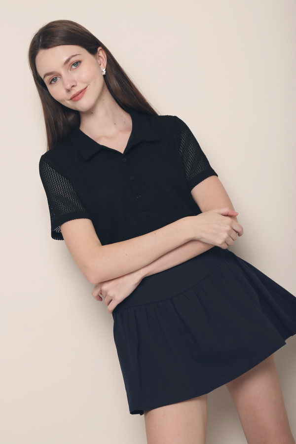 Dani Eyelet Polo Blouse Black