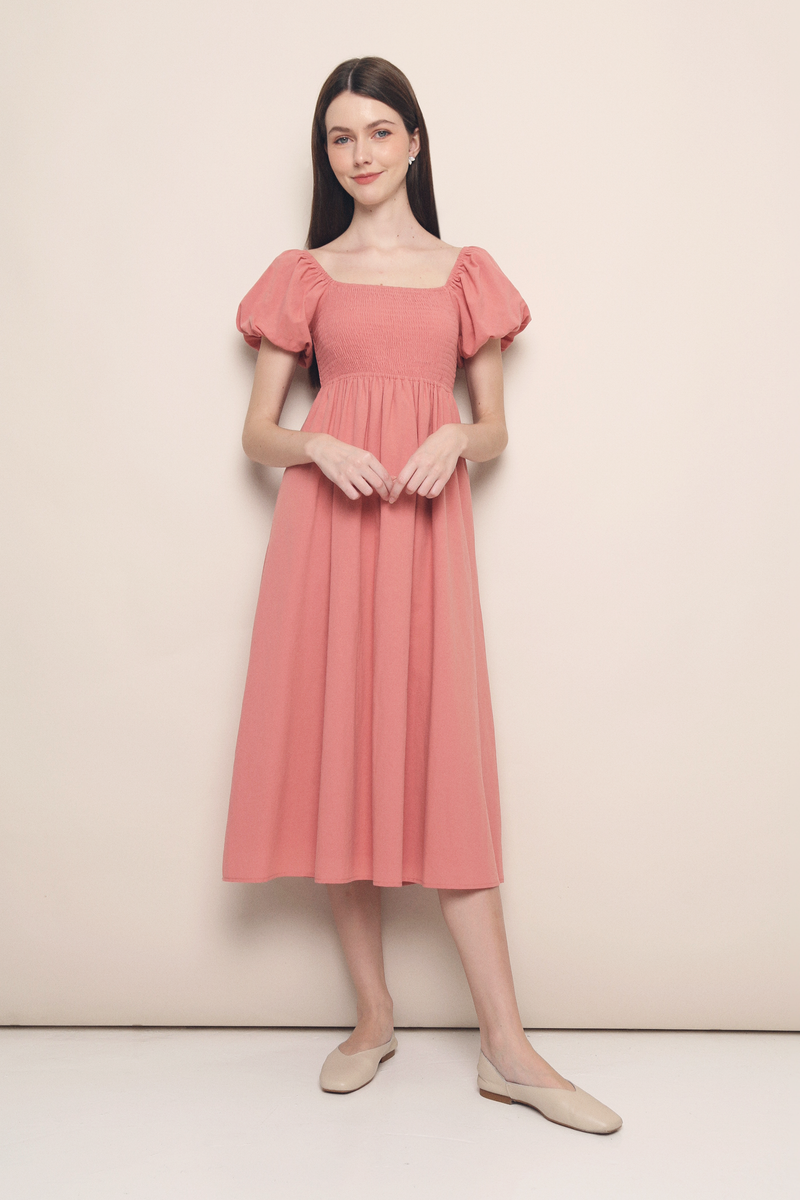 Dora Smocked Babydoll Midi Dress Coral