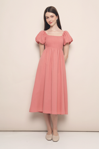 Dora Smocked Babydoll Midi Dress Coral