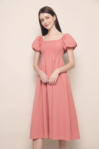 Dora Smocked Babydoll Midi Dress Coral