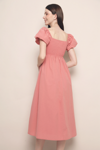 Dora Smocked Babydoll Midi Dress Coral