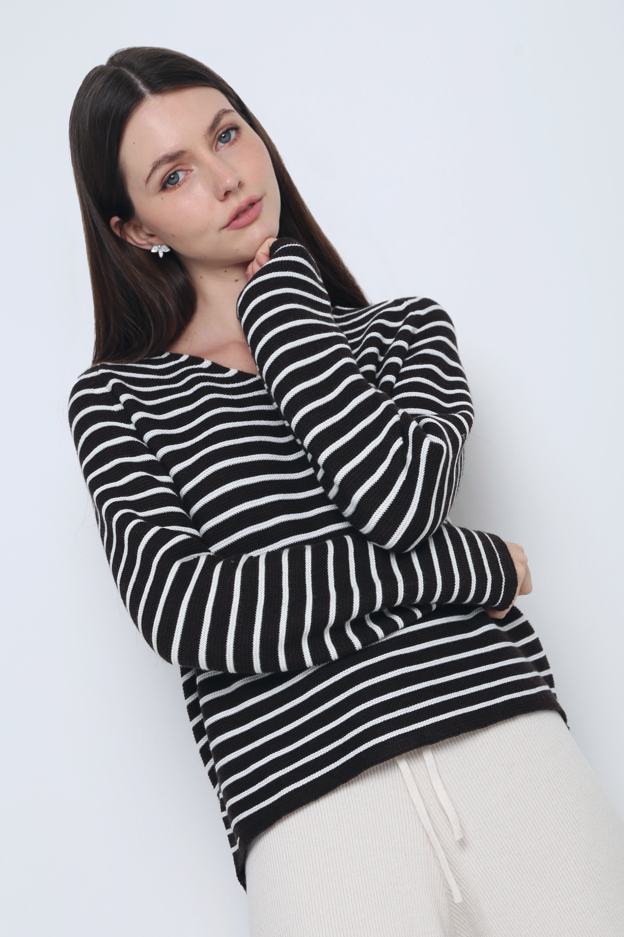 Essential Stripes Knit Top Chestnut Brown & White