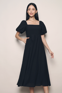 Gabby Poof Sleeves Midaxi Dress Black
