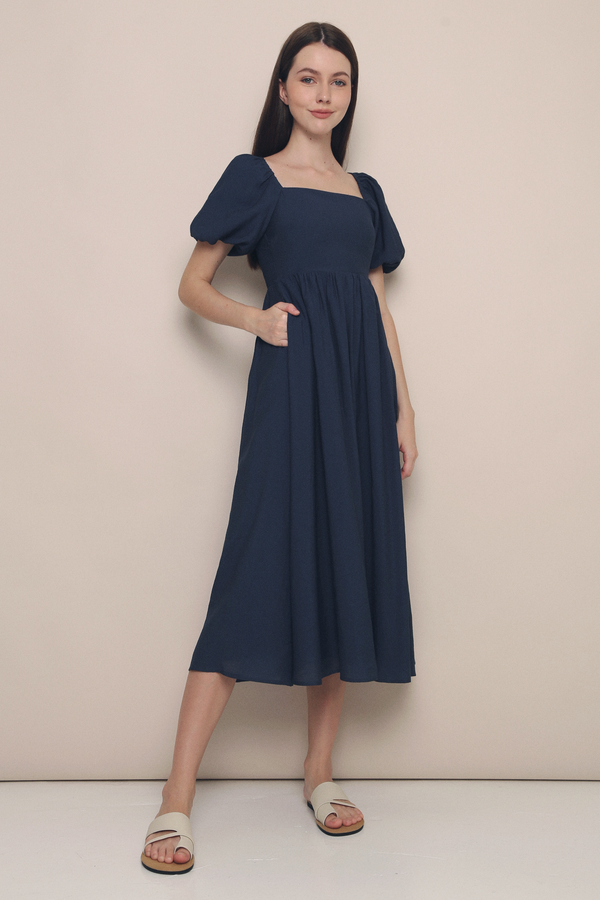 Gabby Poof Sleeves Midaxi Dress Navy