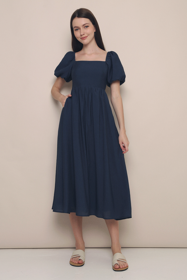 Gabby Poof Sleeves Midaxi Dress Navy