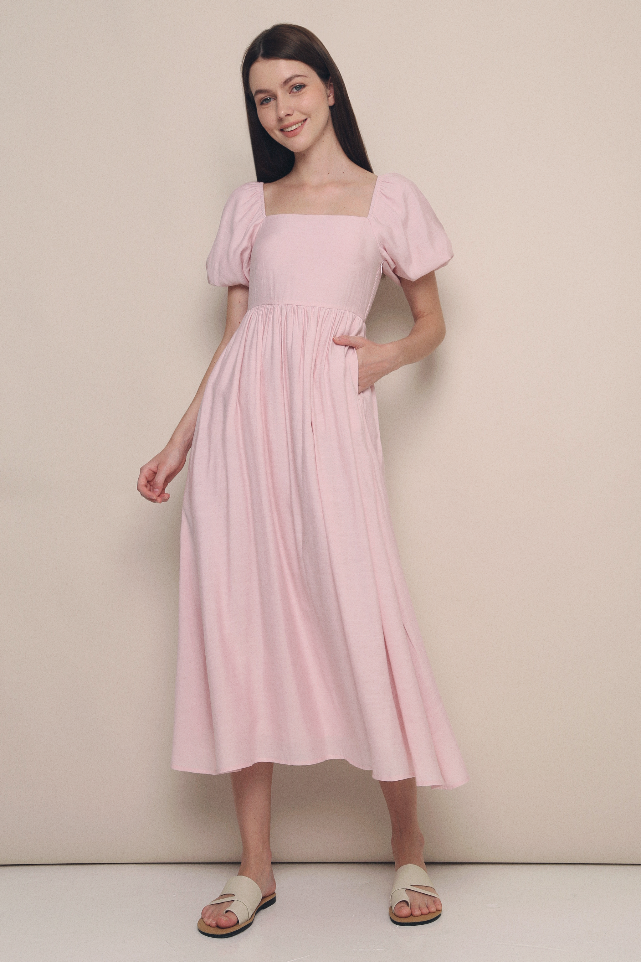 Gabby Poof Sleeves Midaxi Dress Pink