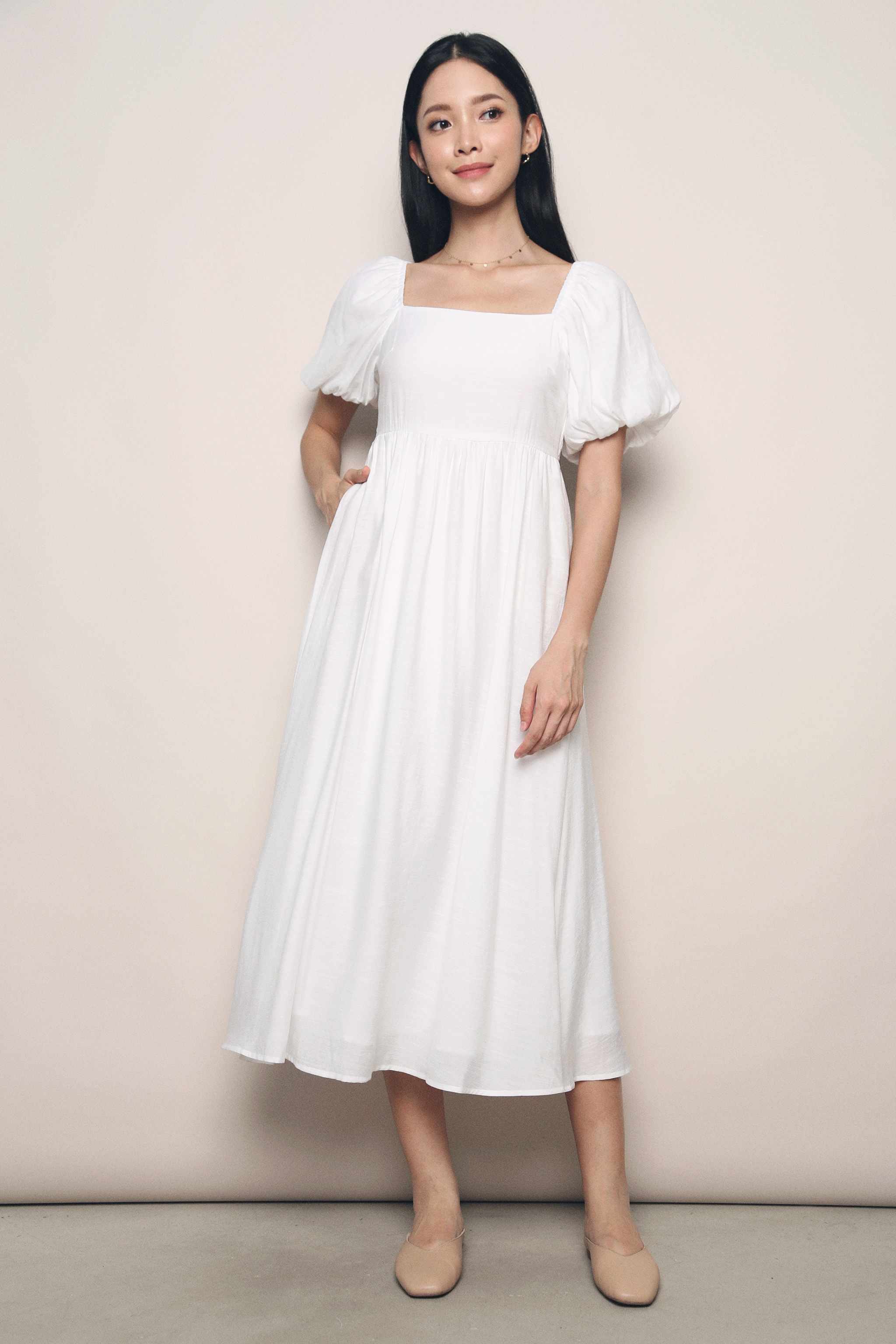 Gabby Poof Sleeves Midaxi Dress White