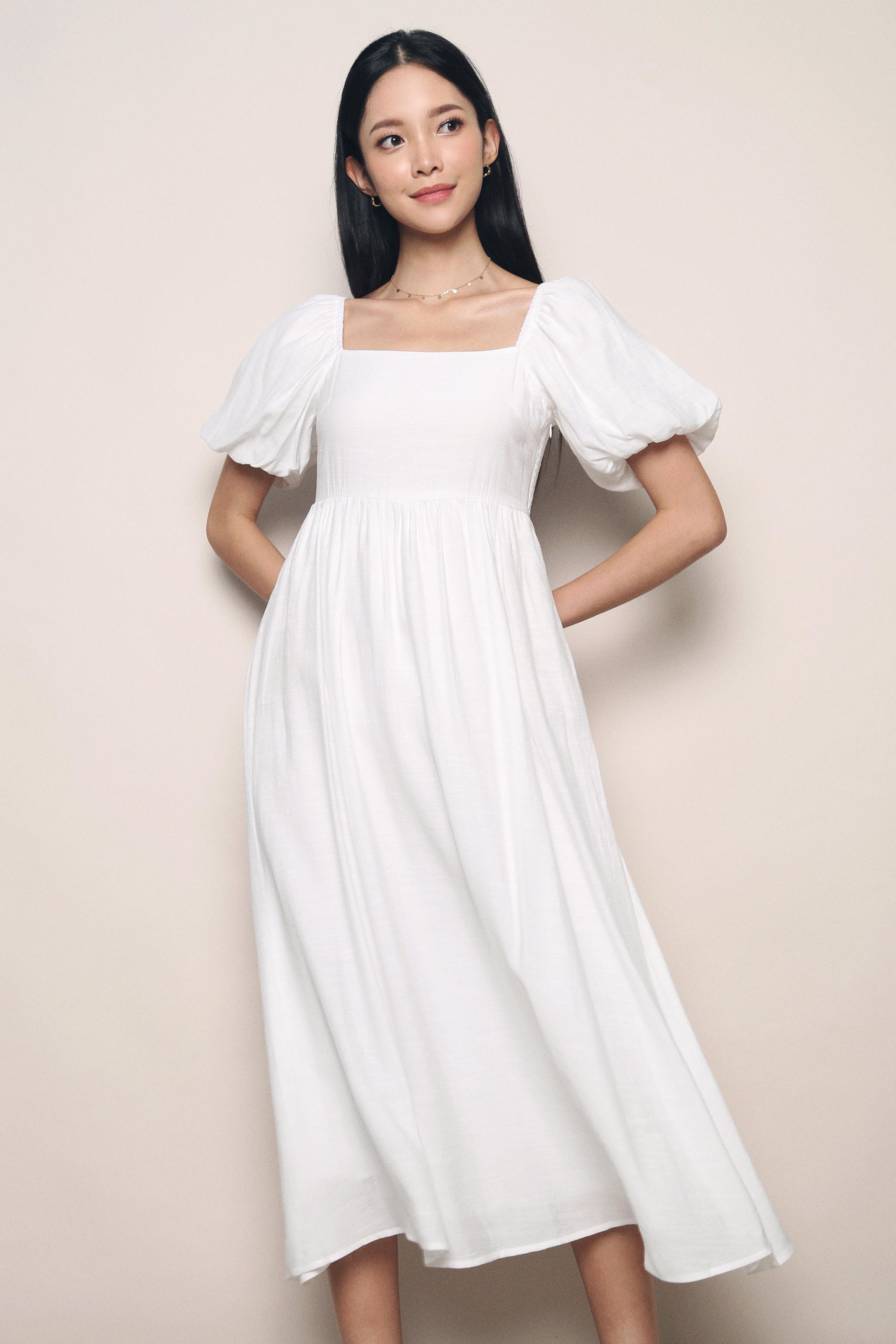 Gabby Poof Sleeves Midaxi Dress White