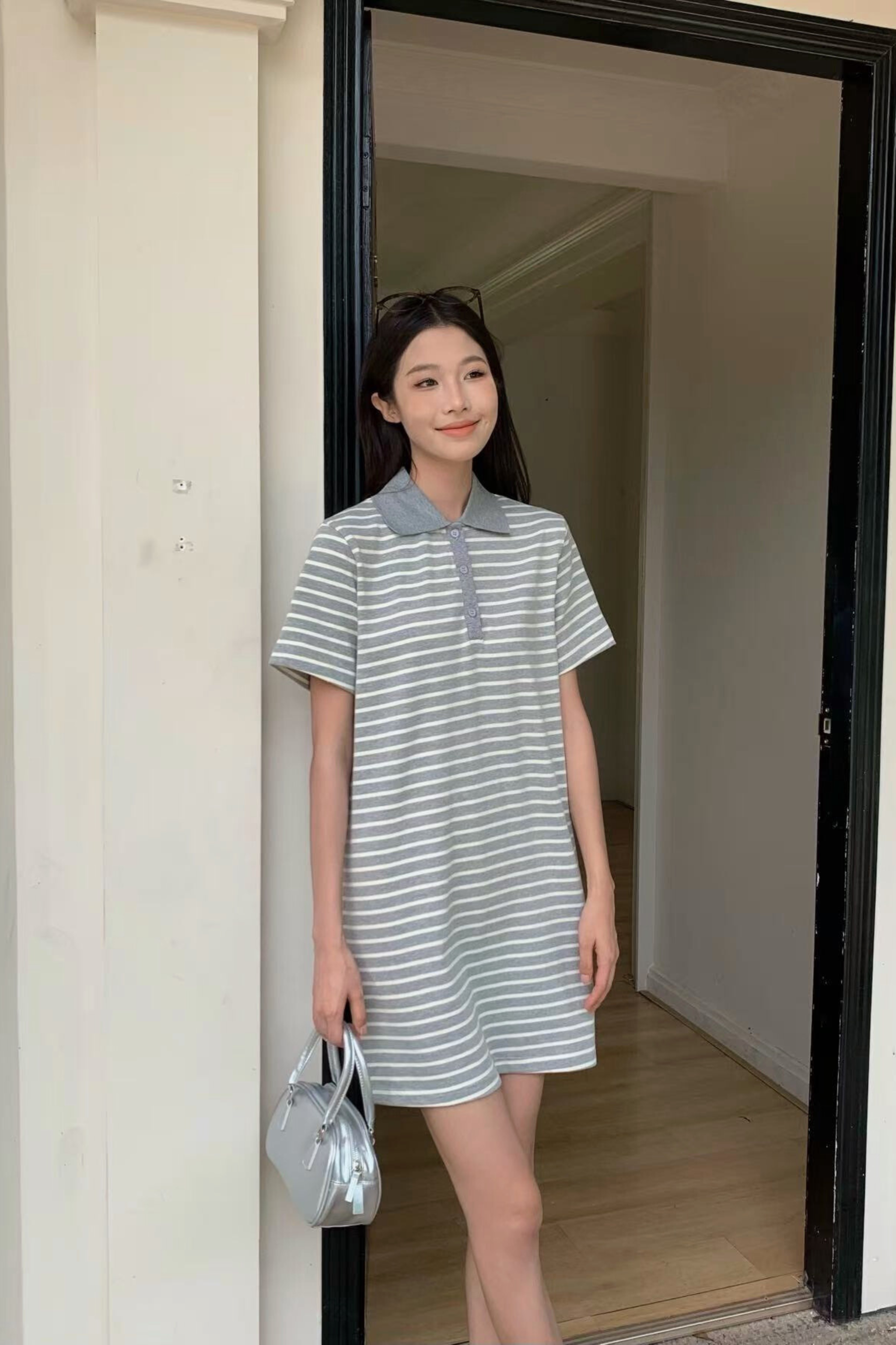 Game On Stripe Polo Dress Grey