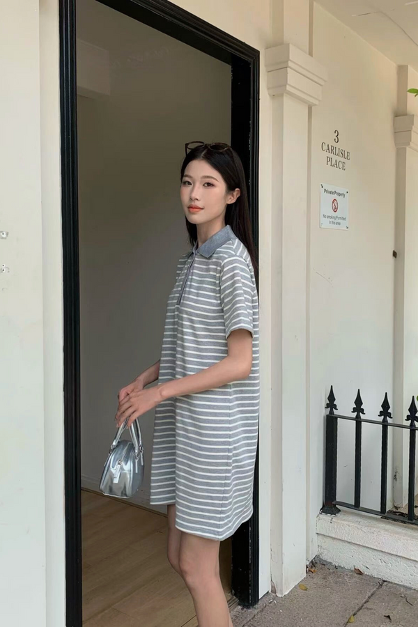 Game On Stripe Polo Dress Grey