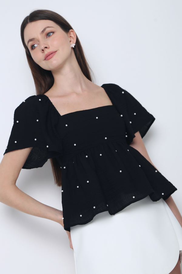 Greta Pearl Babydoll Blouse Black (Restock)