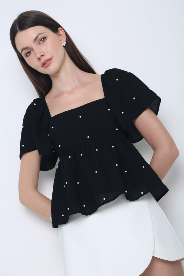 Greta Pearl Babydoll Blouse Black (Restock)