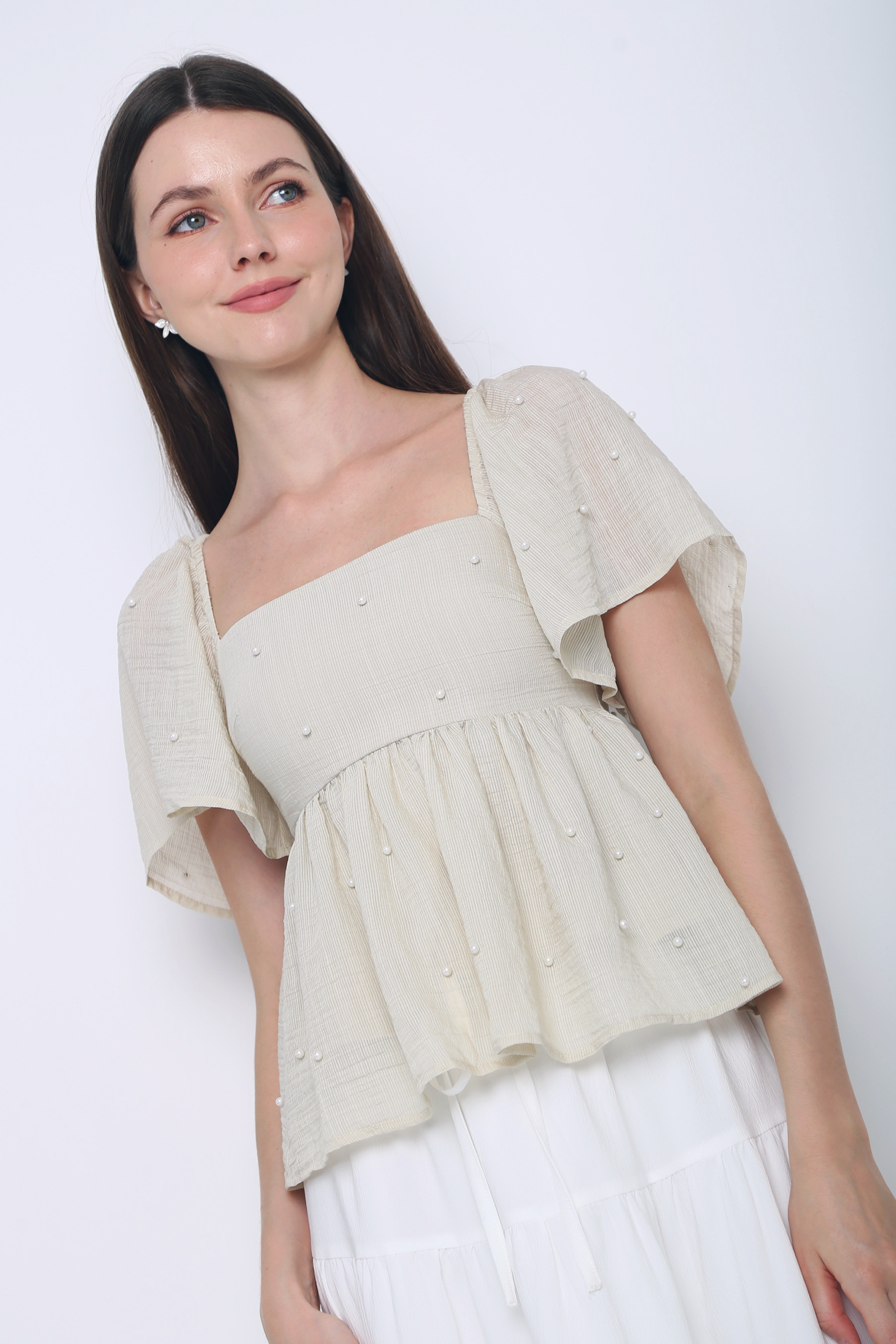 Greta Pearl Babydoll Blouse Ecru (Restock)