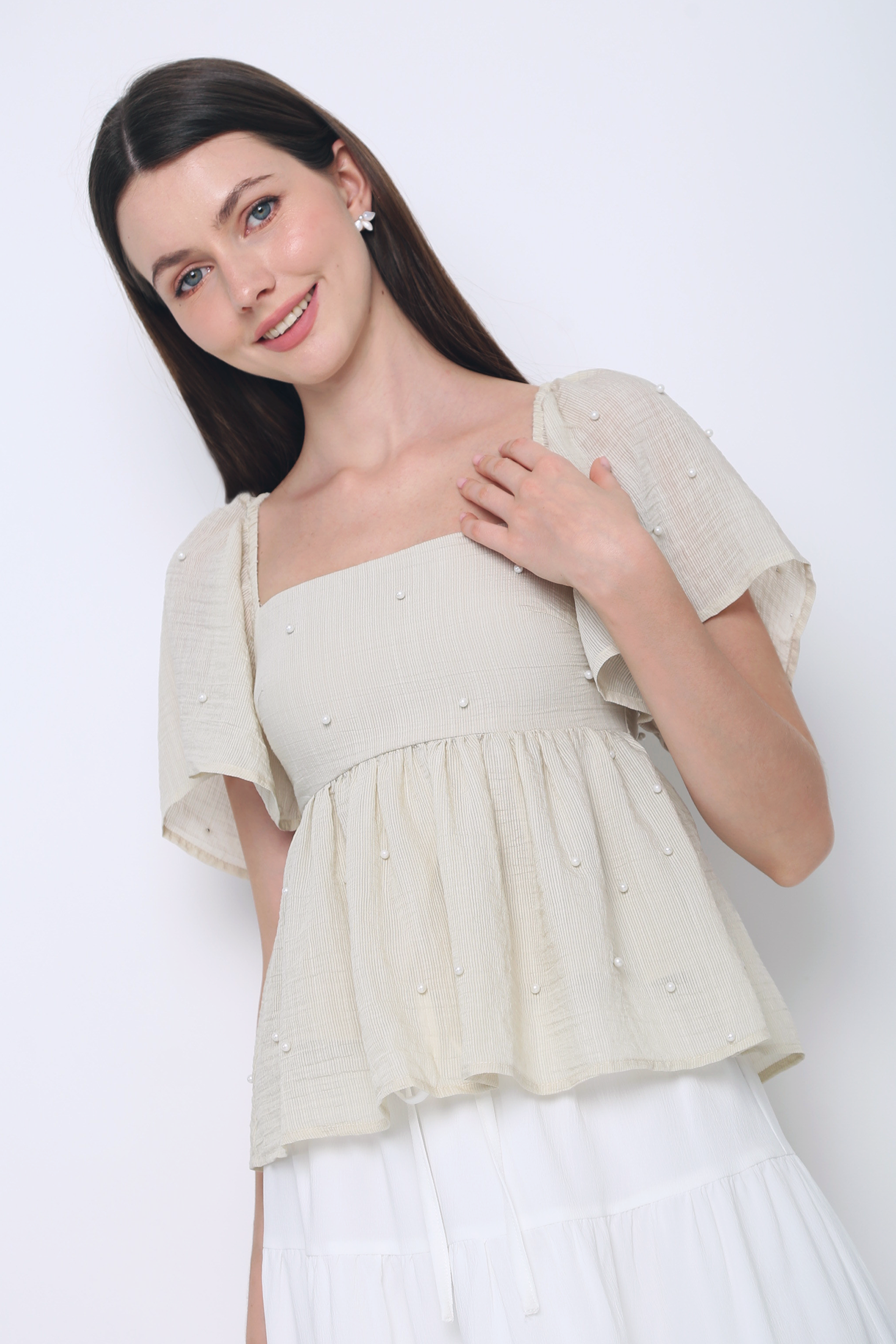 Greta Pearl Babydoll Blouse Ecru (Restock)