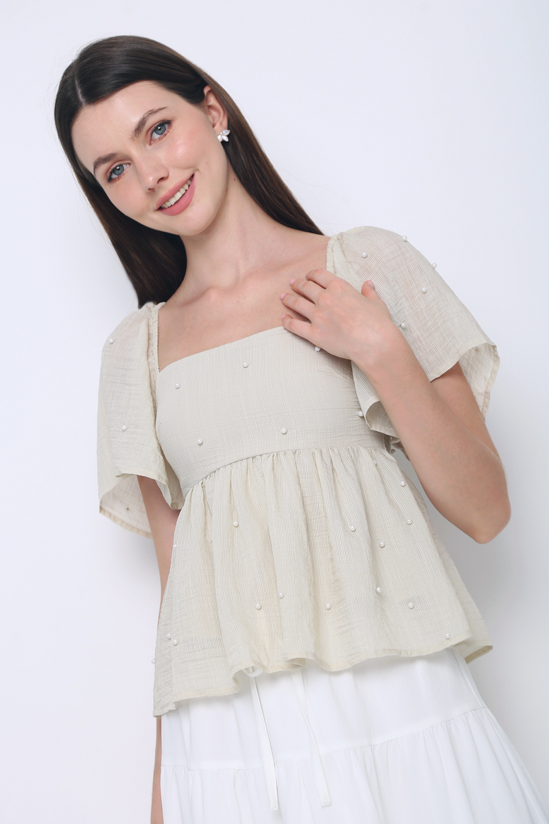 Greta Pearl Babydoll Blouse Ecru (Restock)