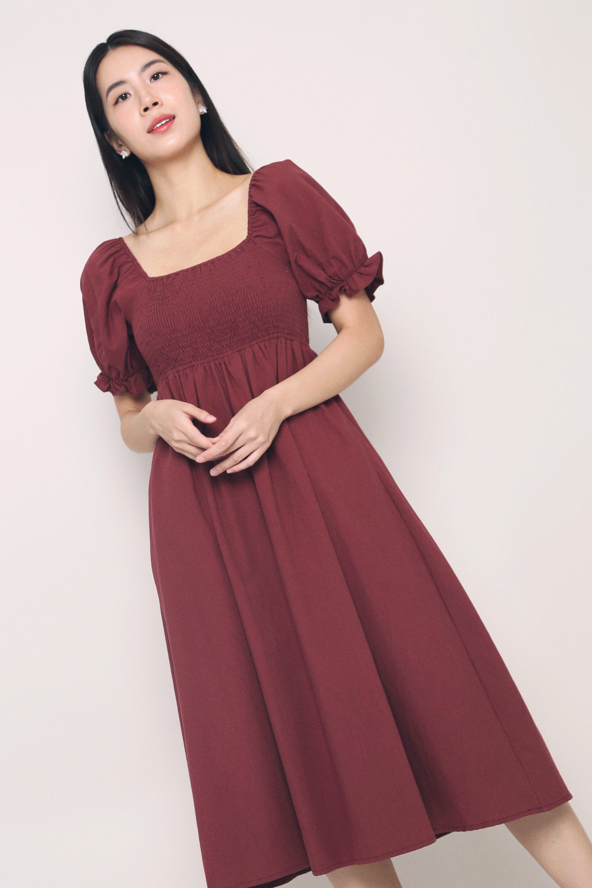 Harlow Smocked Midaxi Dress Burgundy